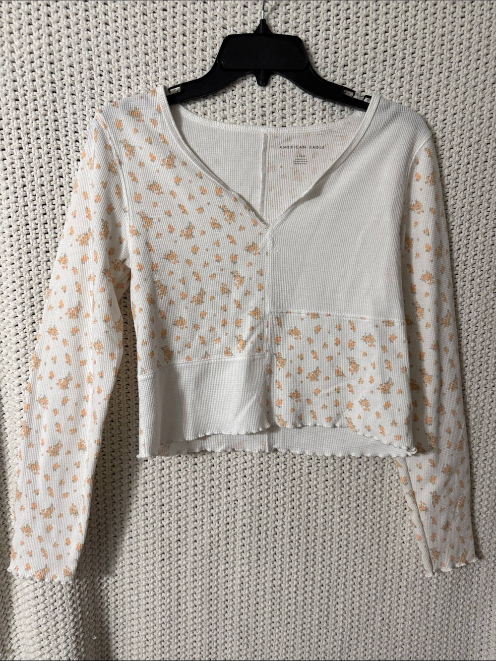 American Eagle Outfitters White Floral Patchwork Long-Sleeve Top